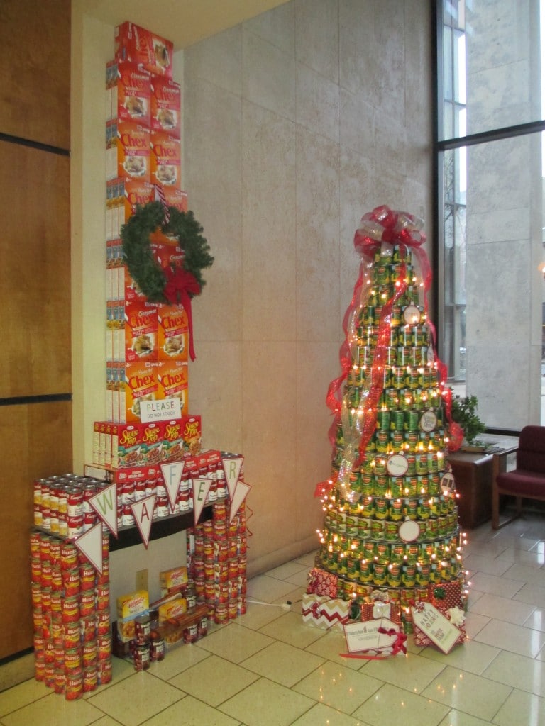 xmas tree made out of donated canned food