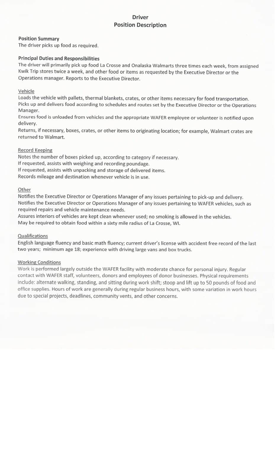 Careers WAFER Food Pantry, La Crosse WI